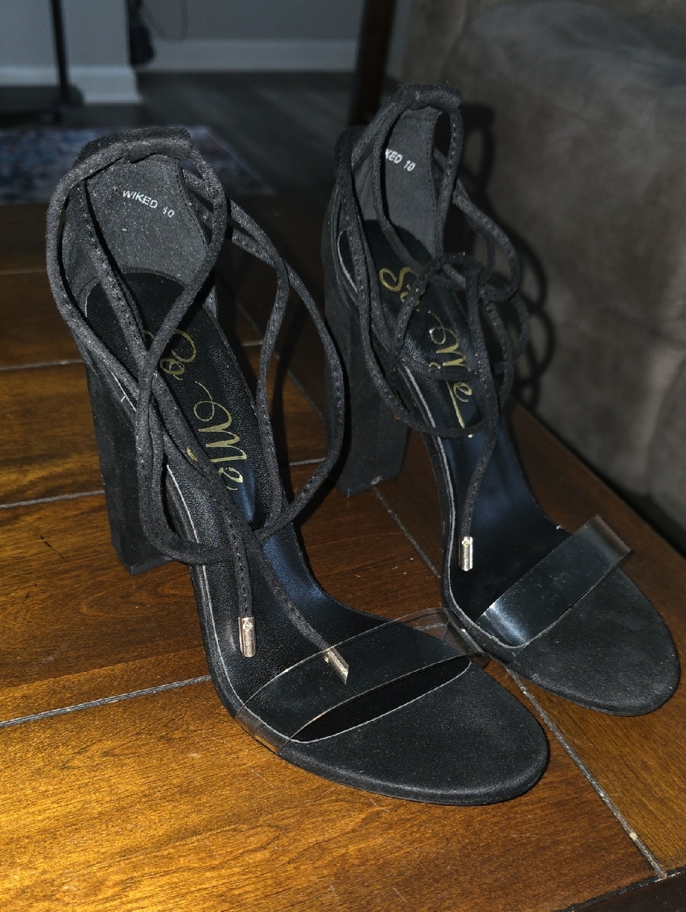 So Me Black Lace-Up Clear Strap Block Heels